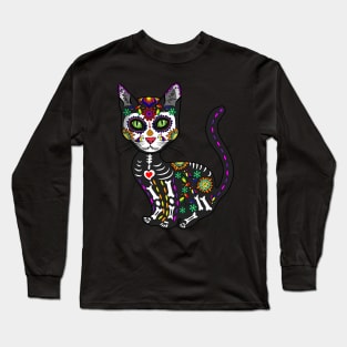 Cute Sugar Skull Mexican Cat Halloween Day Of The Dead Long Sleeve T-Shirt